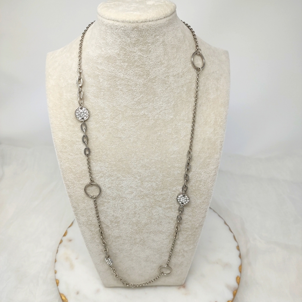 Long silver tone necklace asymmetrical with heart clasp